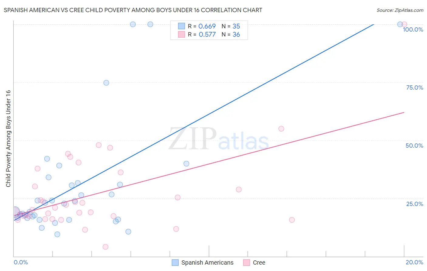 Spanish American vs Cree Child Poverty Among Boys Under 16