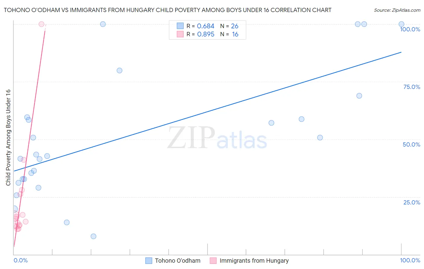 Tohono O'odham vs Immigrants from Hungary Child Poverty Among Boys Under 16