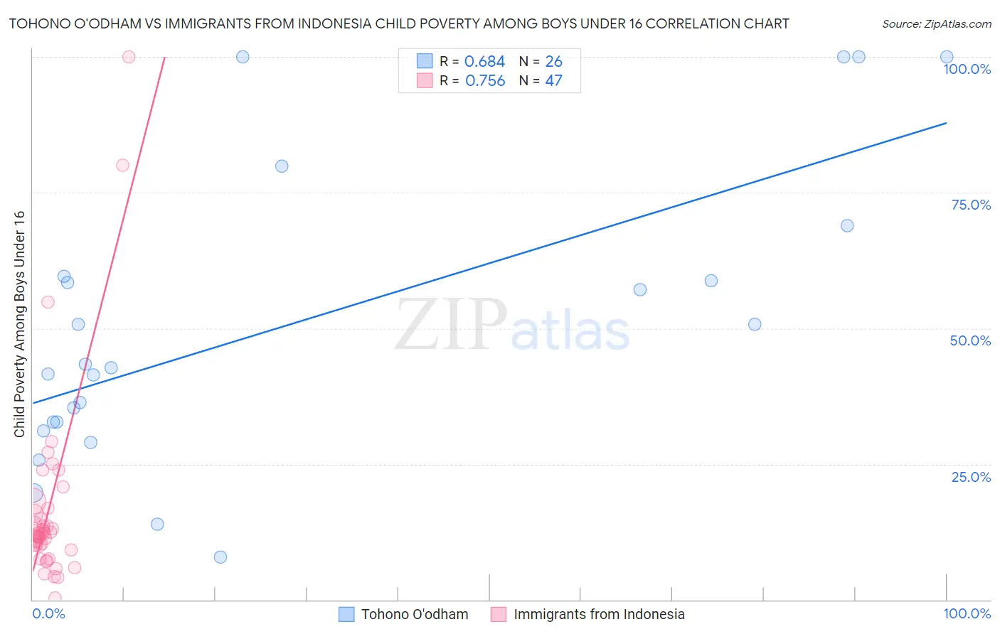Tohono O'odham vs Immigrants from Indonesia Child Poverty Among Boys Under 16