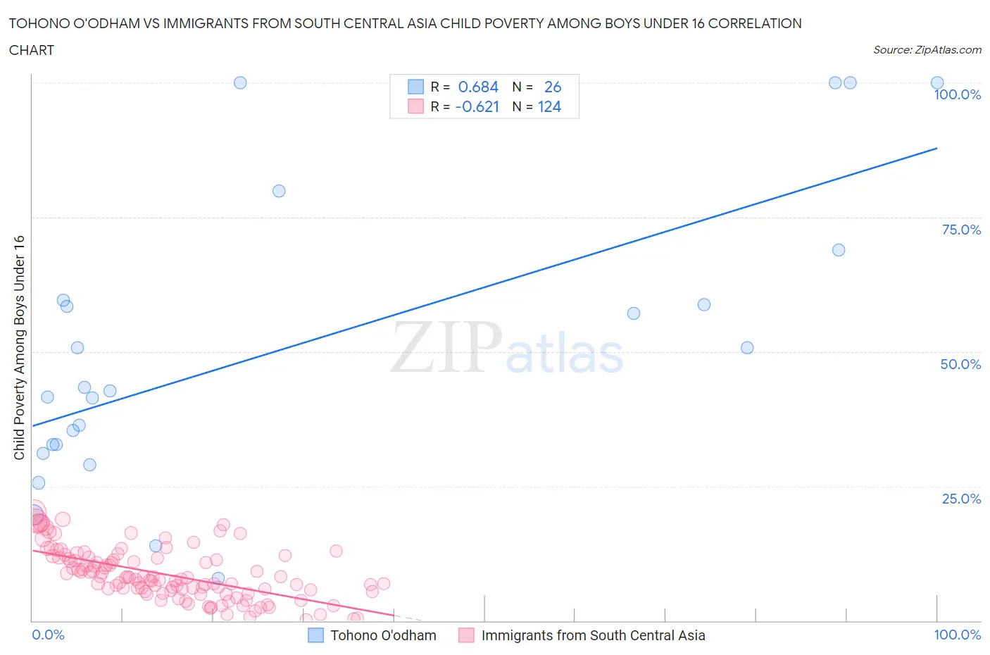 Tohono O'odham vs Immigrants from South Central Asia Child Poverty Among Boys Under 16