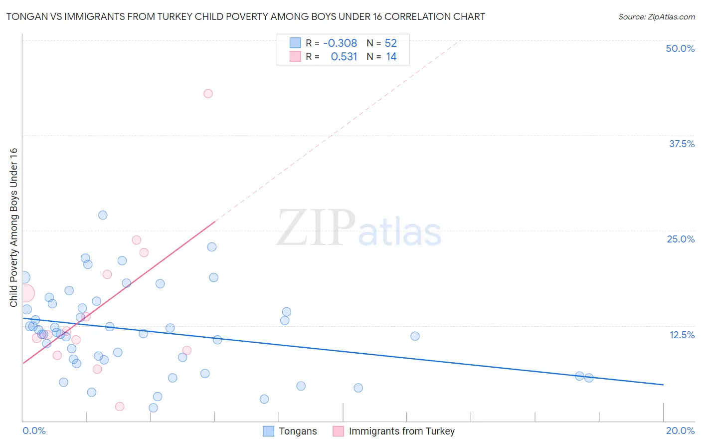 Tongan vs Immigrants from Turkey Child Poverty Among Boys Under 16