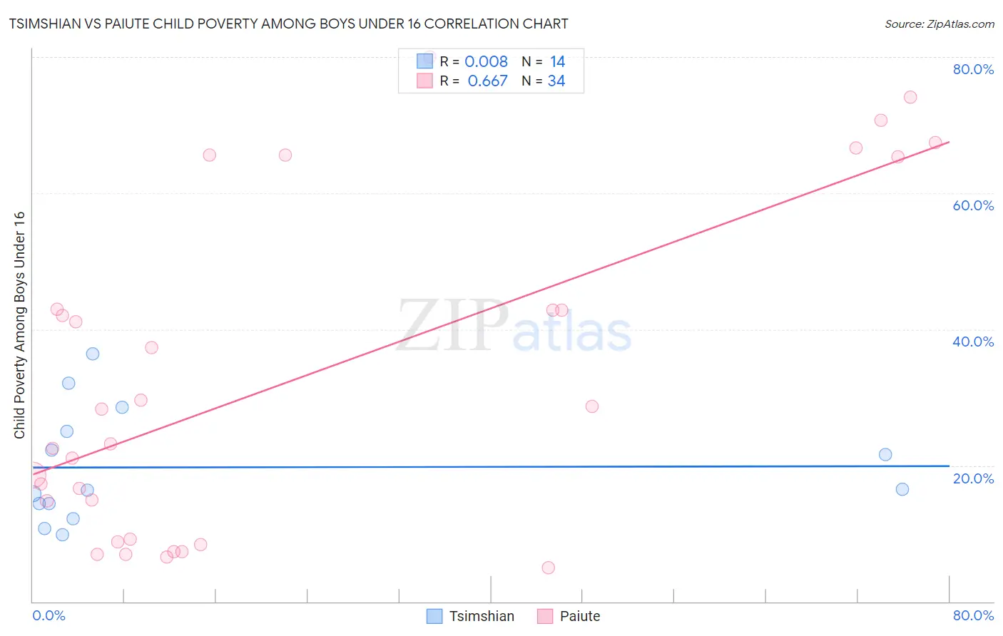 Tsimshian vs Paiute Child Poverty Among Boys Under 16