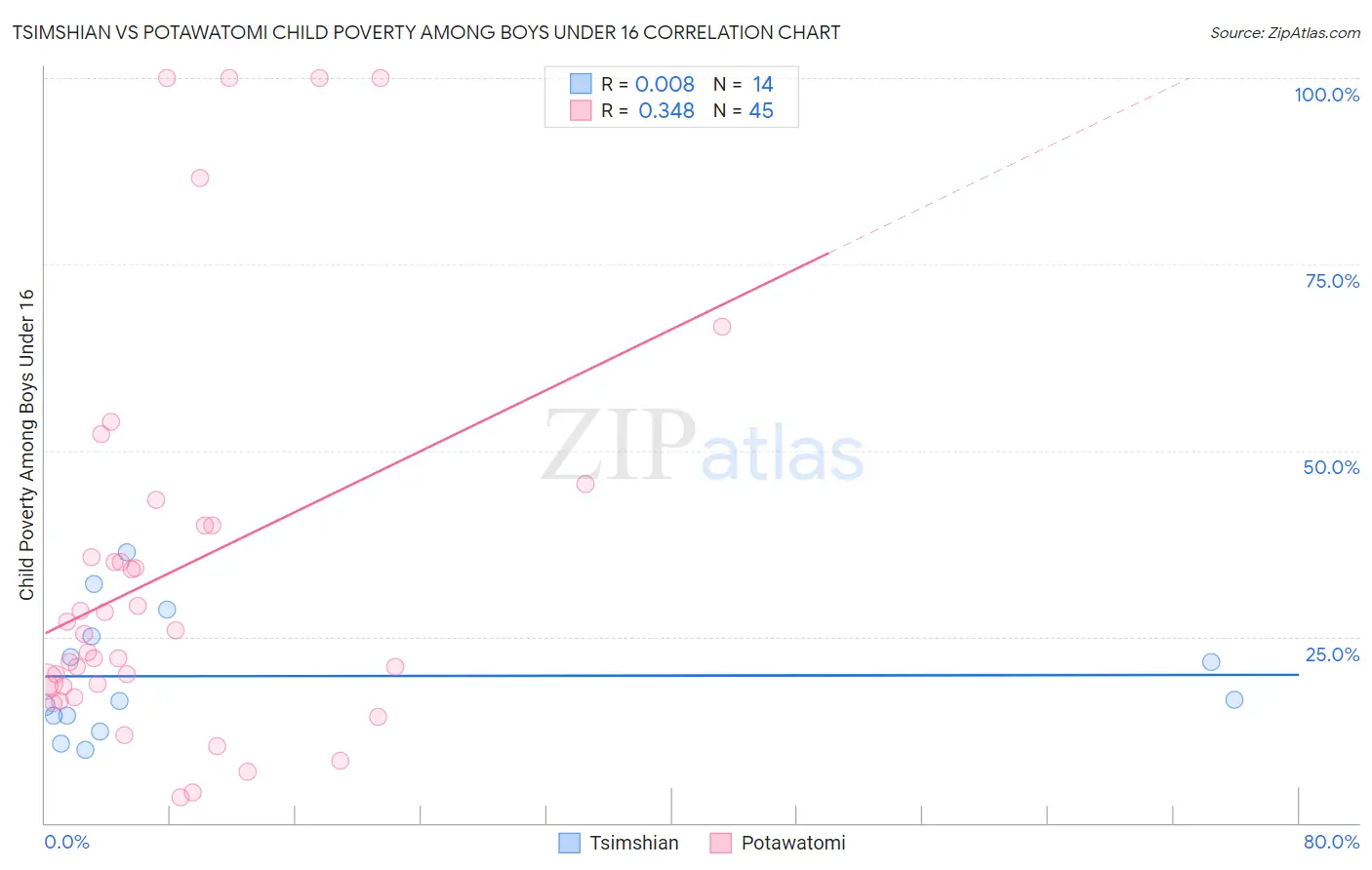 Tsimshian vs Potawatomi Child Poverty Among Boys Under 16