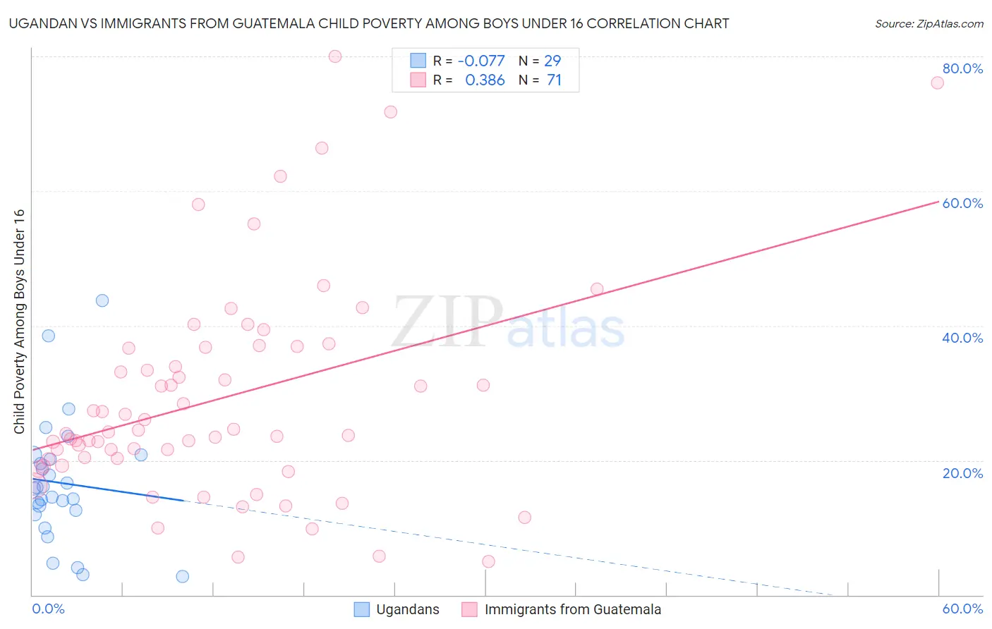 Ugandan vs Immigrants from Guatemala Child Poverty Among Boys Under 16