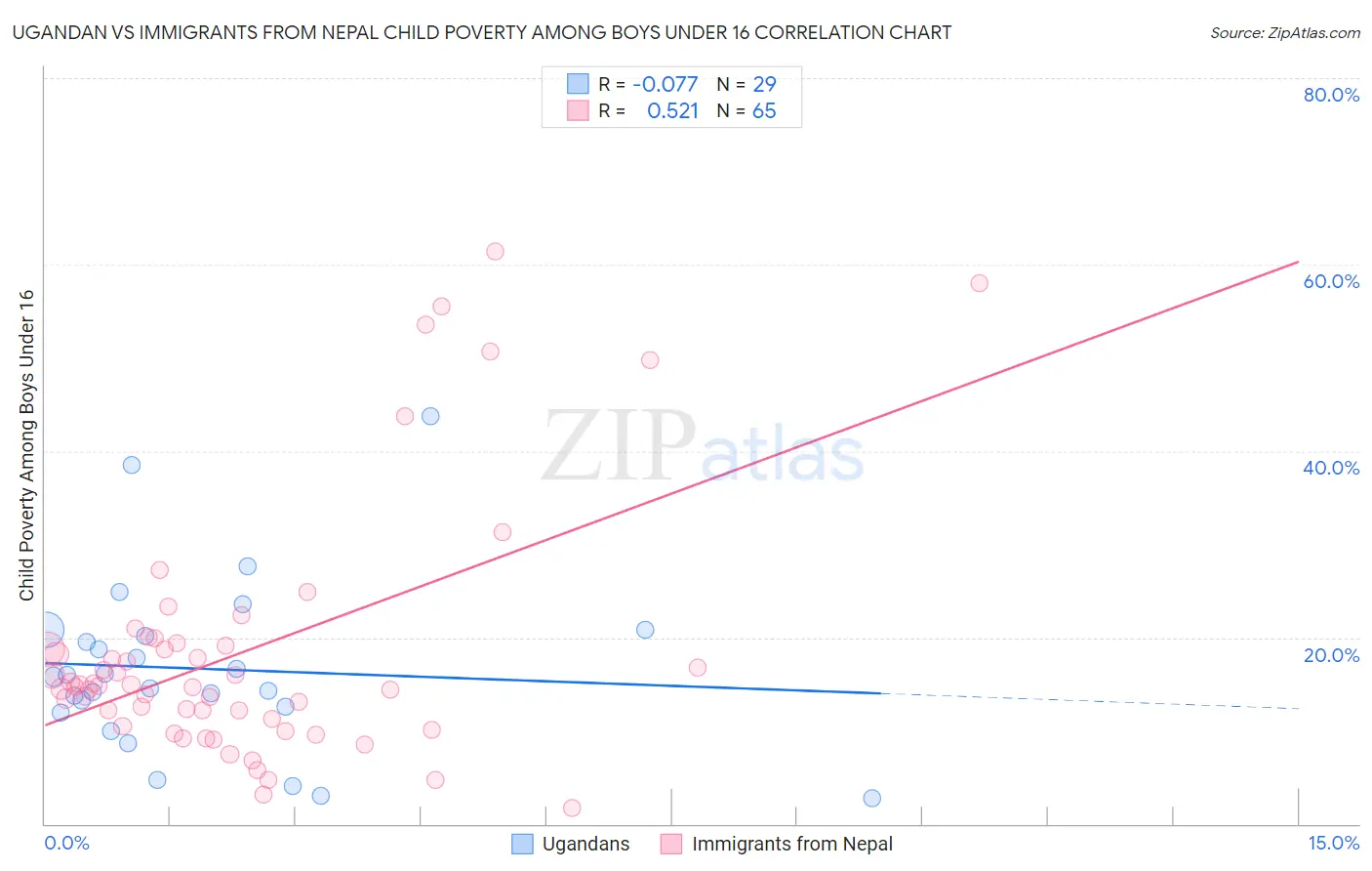 Ugandan vs Immigrants from Nepal Child Poverty Among Boys Under 16