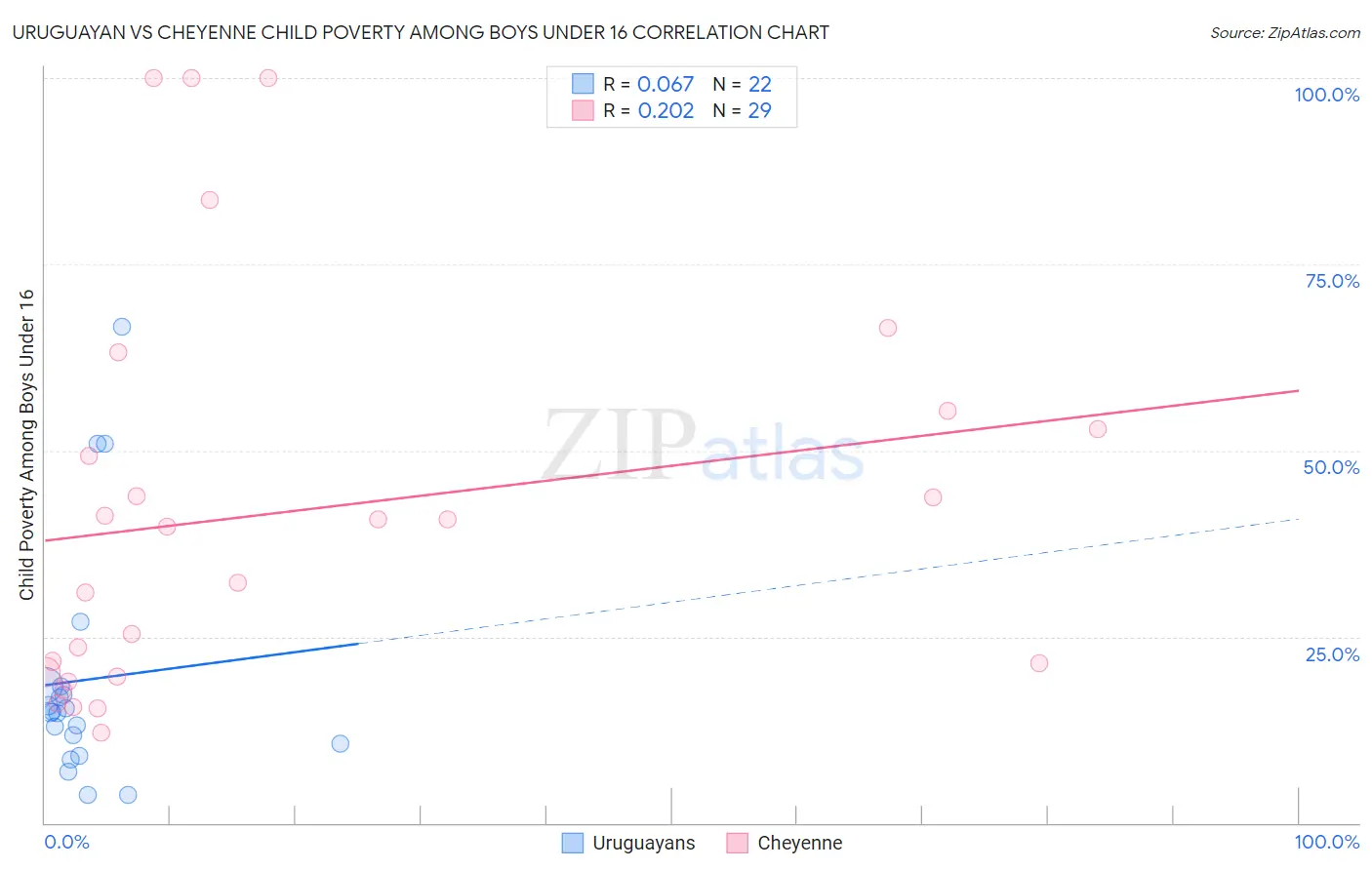 Uruguayan vs Cheyenne Child Poverty Among Boys Under 16