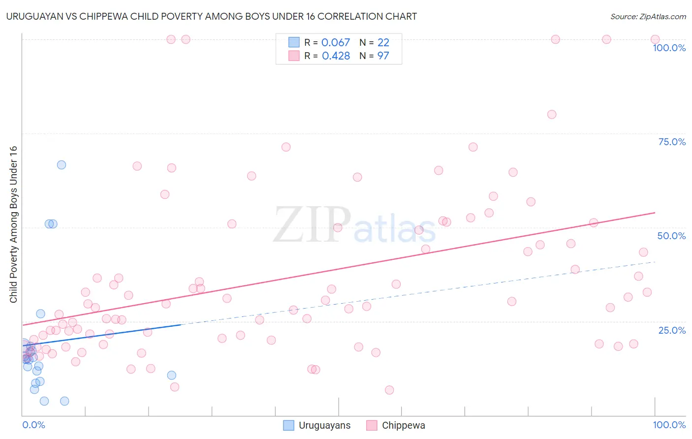 Uruguayan vs Chippewa Child Poverty Among Boys Under 16