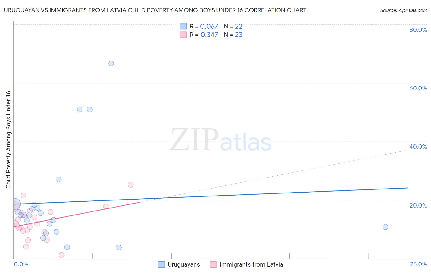 Uruguayan vs Immigrants from Latvia Child Poverty Among Boys Under 16