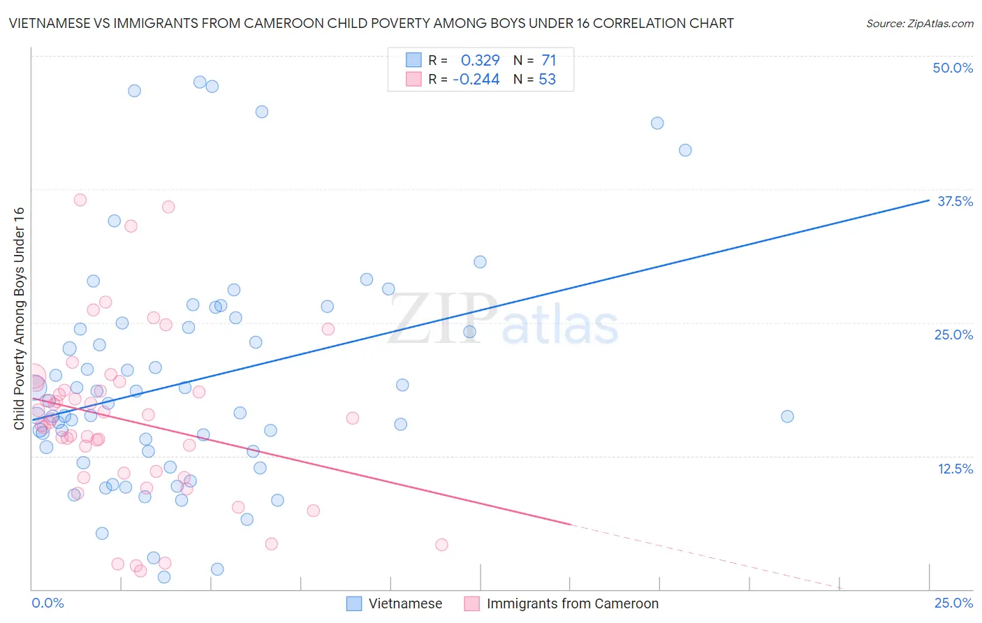 Vietnamese vs Immigrants from Cameroon Child Poverty Among Boys Under 16