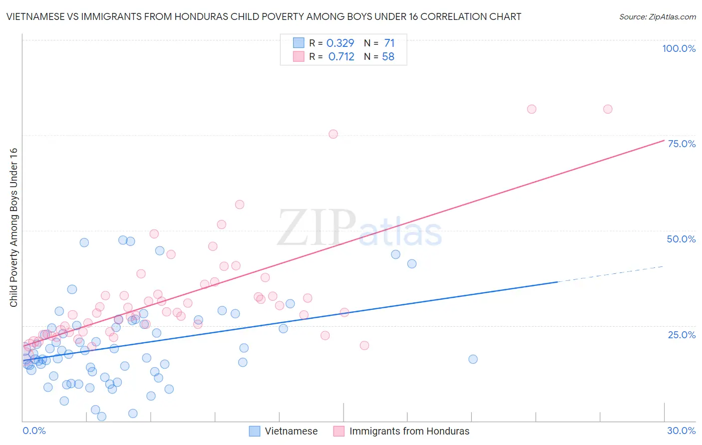 Vietnamese vs Immigrants from Honduras Child Poverty Among Boys Under 16