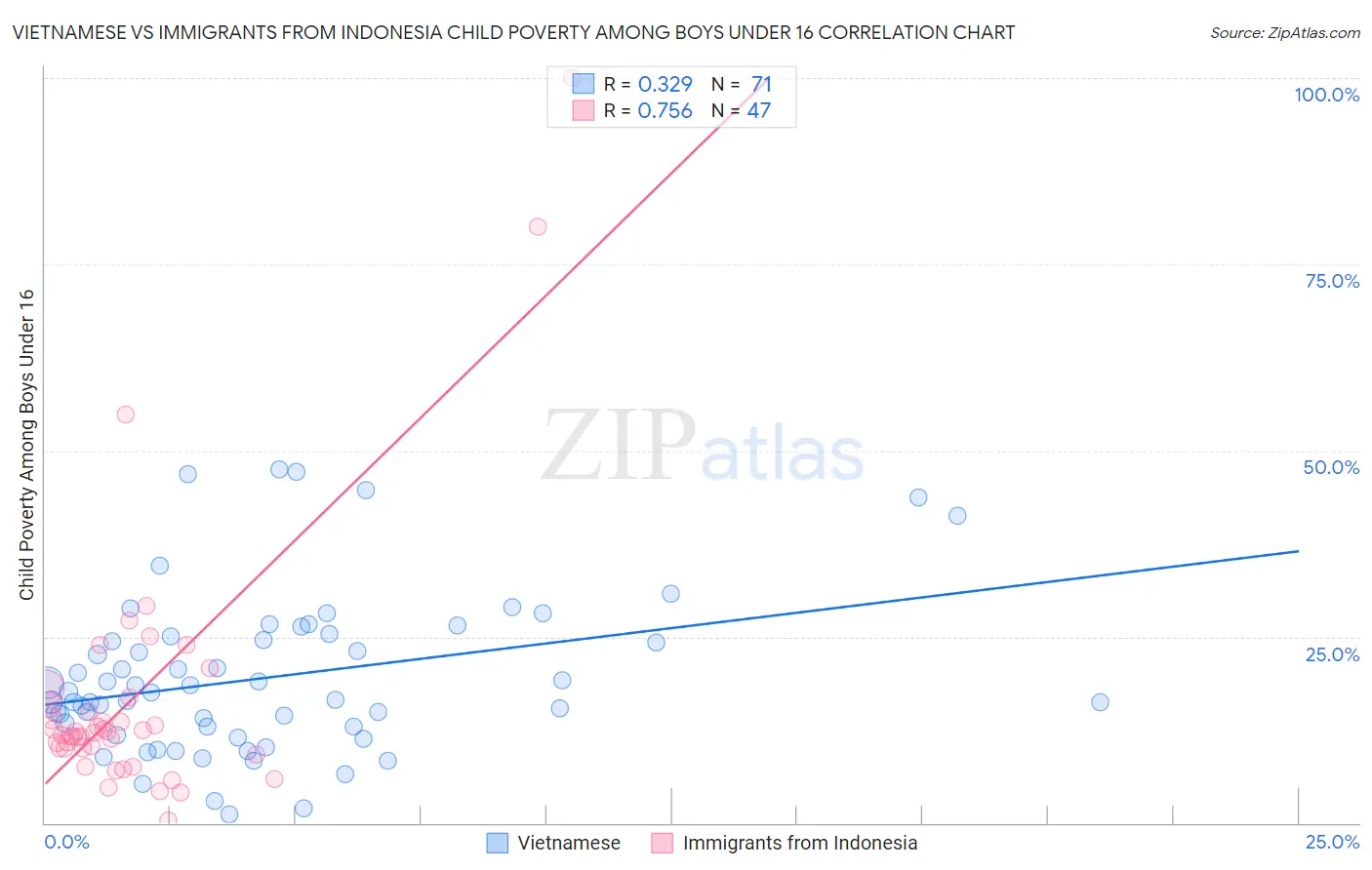 Vietnamese vs Immigrants from Indonesia Child Poverty Among Boys Under 16