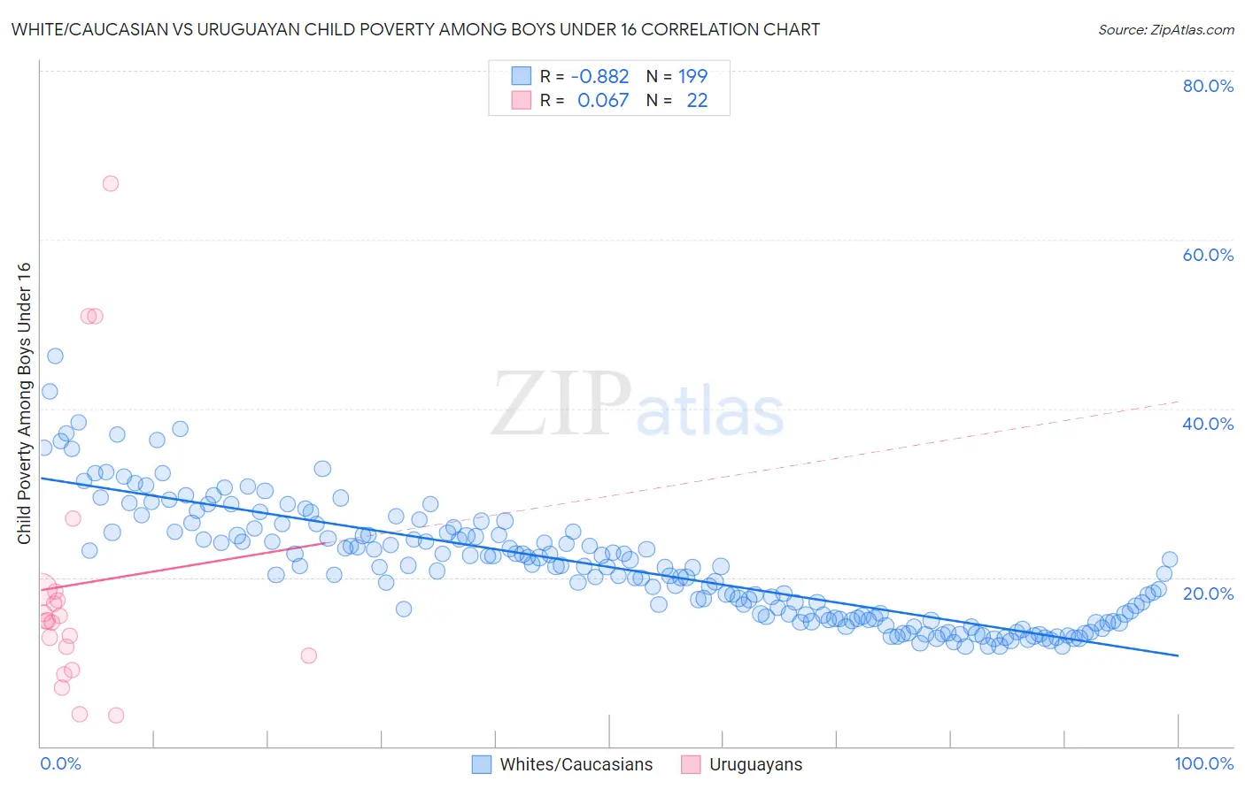 White/Caucasian vs Uruguayan Child Poverty Among Boys Under 16
