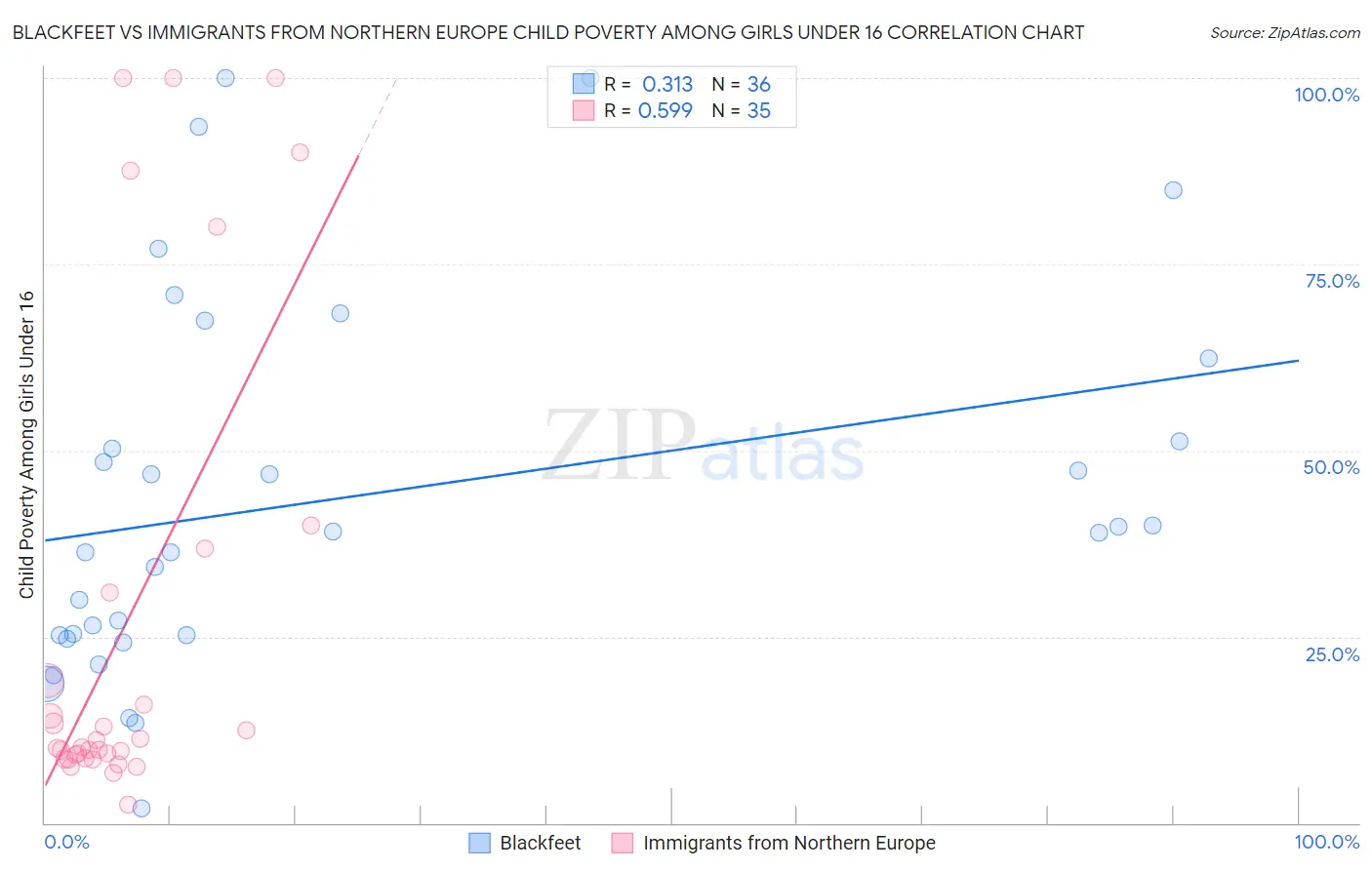 Blackfeet vs Immigrants from Northern Europe Child Poverty Among Girls Under 16