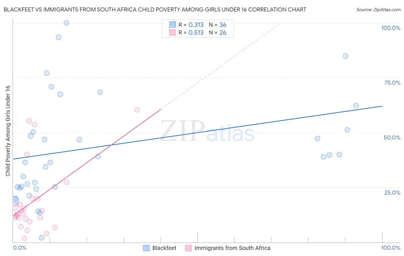 Blackfeet vs Immigrants from South Africa Child Poverty Among Girls Under 16
