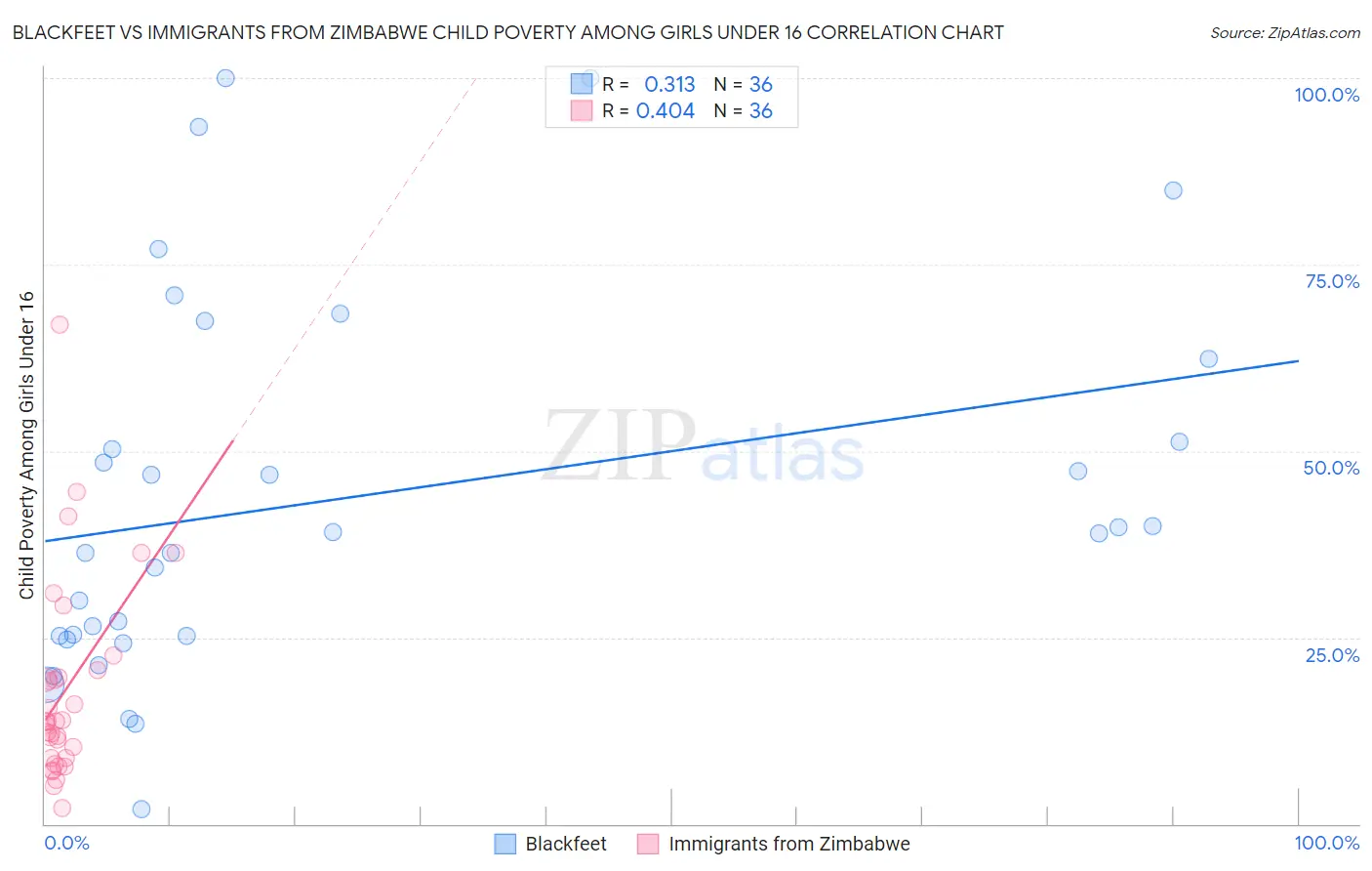 Blackfeet vs Immigrants from Zimbabwe Child Poverty Among Girls Under 16