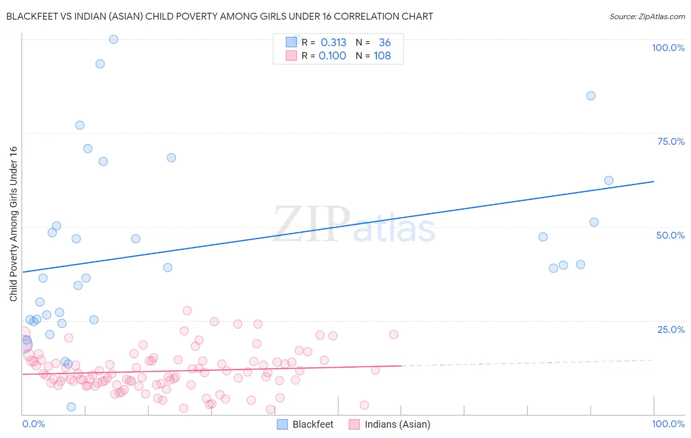 Blackfeet vs Indian (Asian) Child Poverty Among Girls Under 16