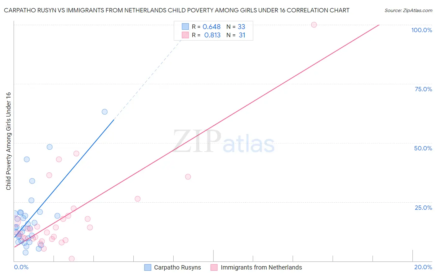 Carpatho Rusyn vs Immigrants from Netherlands Child Poverty Among Girls Under 16