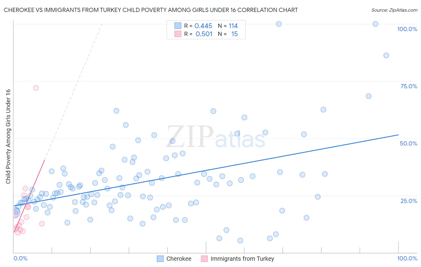 Cherokee vs Immigrants from Turkey Child Poverty Among Girls Under 16