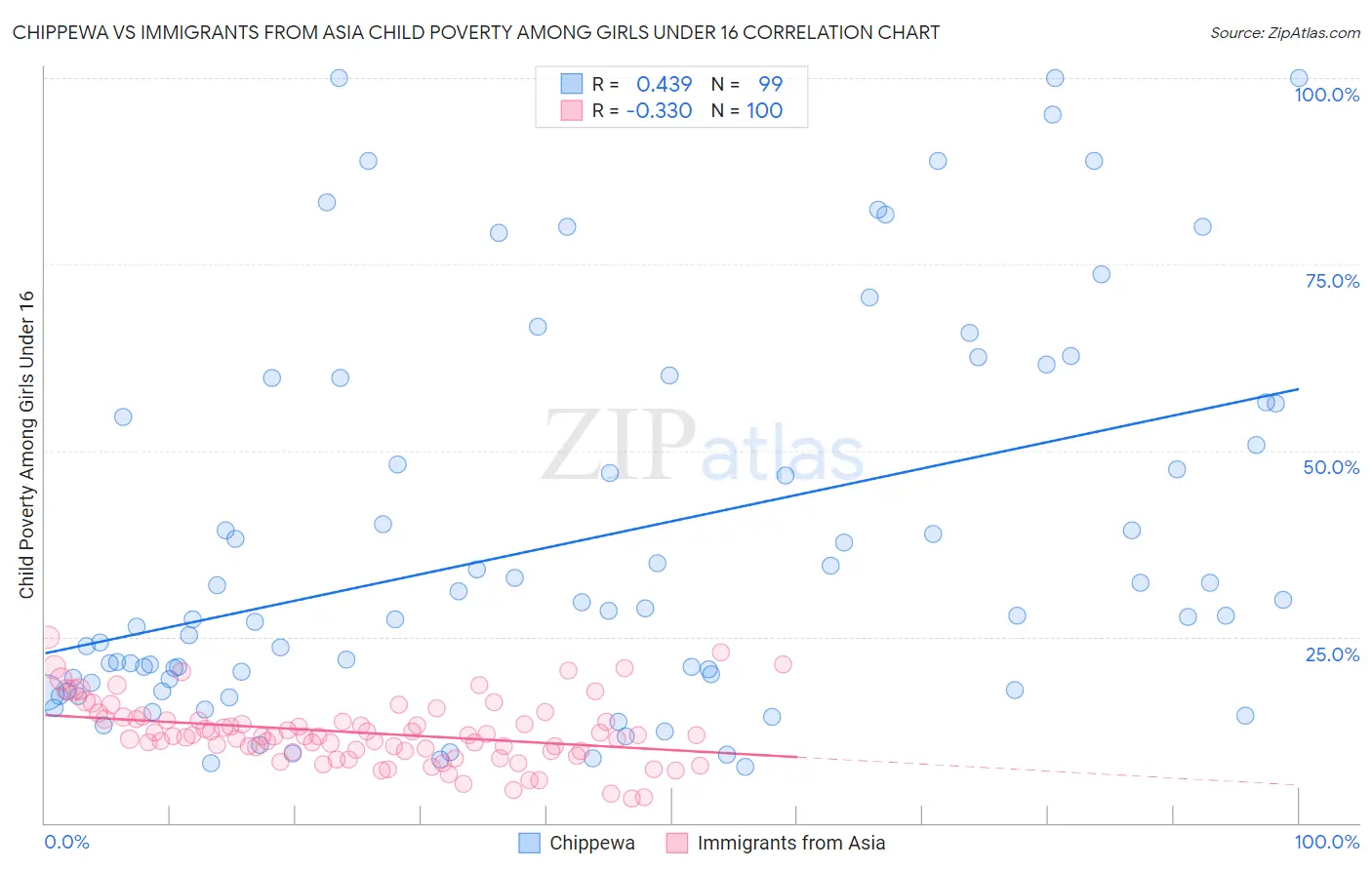 Chippewa vs Immigrants from Asia Child Poverty Among Girls Under 16