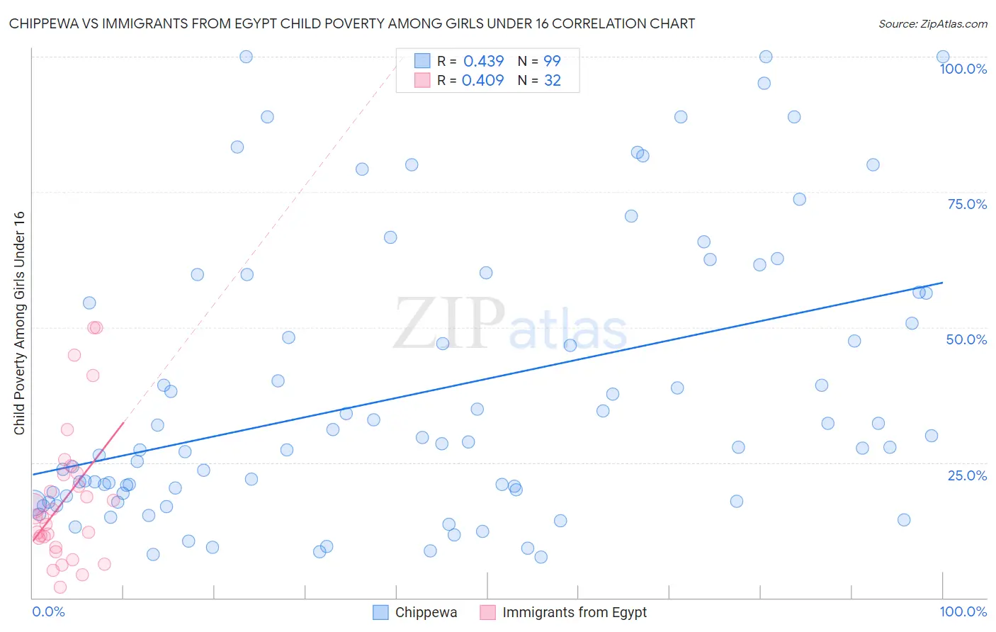 Chippewa vs Immigrants from Egypt Child Poverty Among Girls Under 16