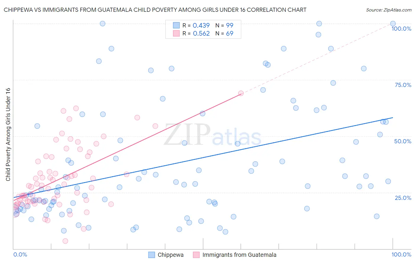 Chippewa vs Immigrants from Guatemala Child Poverty Among Girls Under 16
