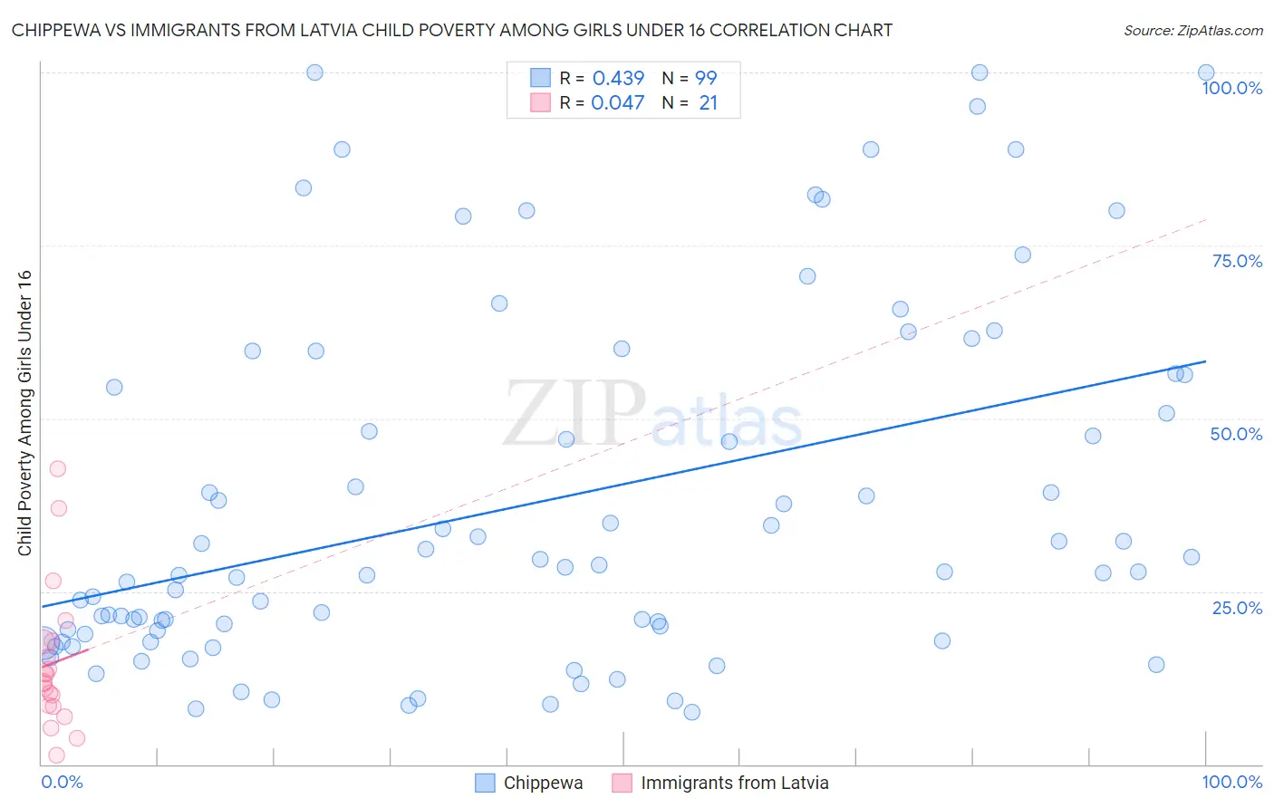 Chippewa vs Immigrants from Latvia Child Poverty Among Girls Under 16