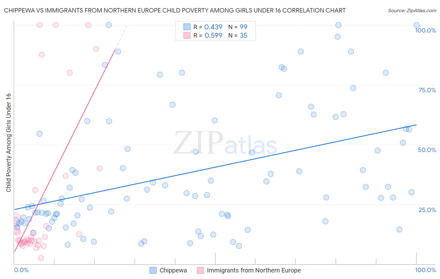 Chippewa vs Immigrants from Northern Europe Child Poverty Among Girls Under 16