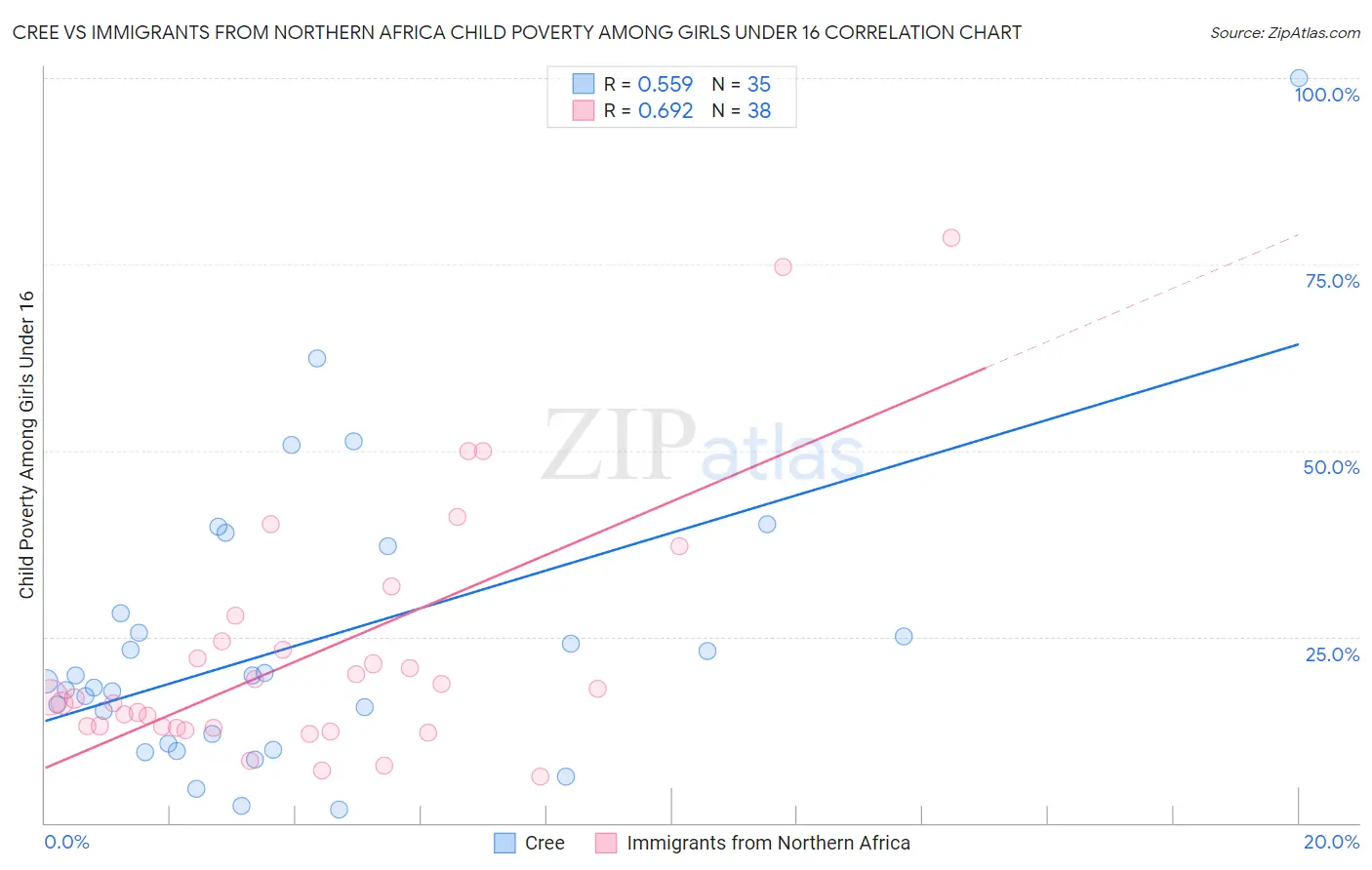 Cree vs Immigrants from Northern Africa Child Poverty Among Girls Under 16