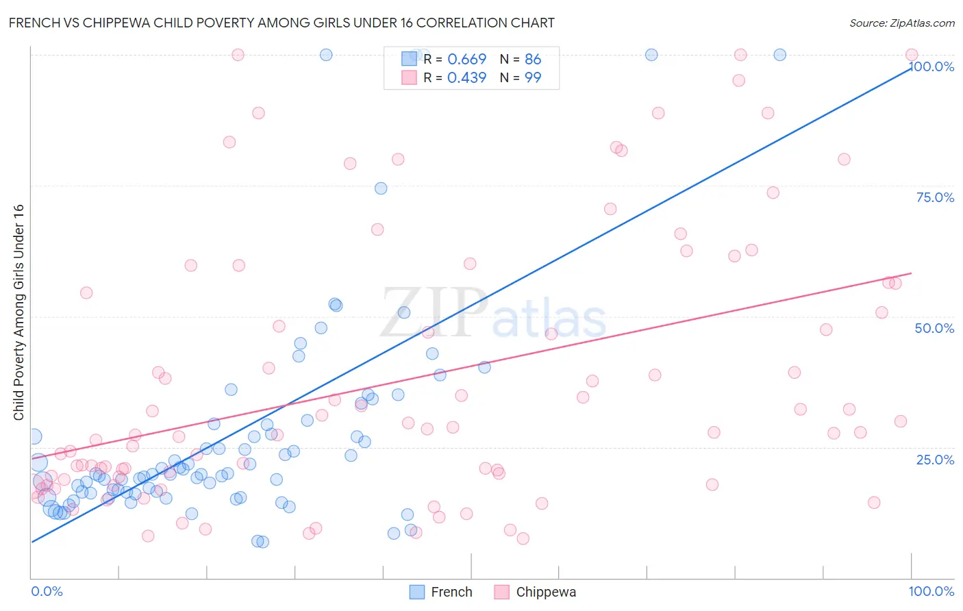 French vs Chippewa Child Poverty Among Girls Under 16