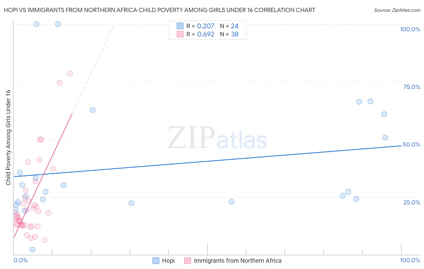 Hopi vs Immigrants from Northern Africa Child Poverty Among Girls Under 16