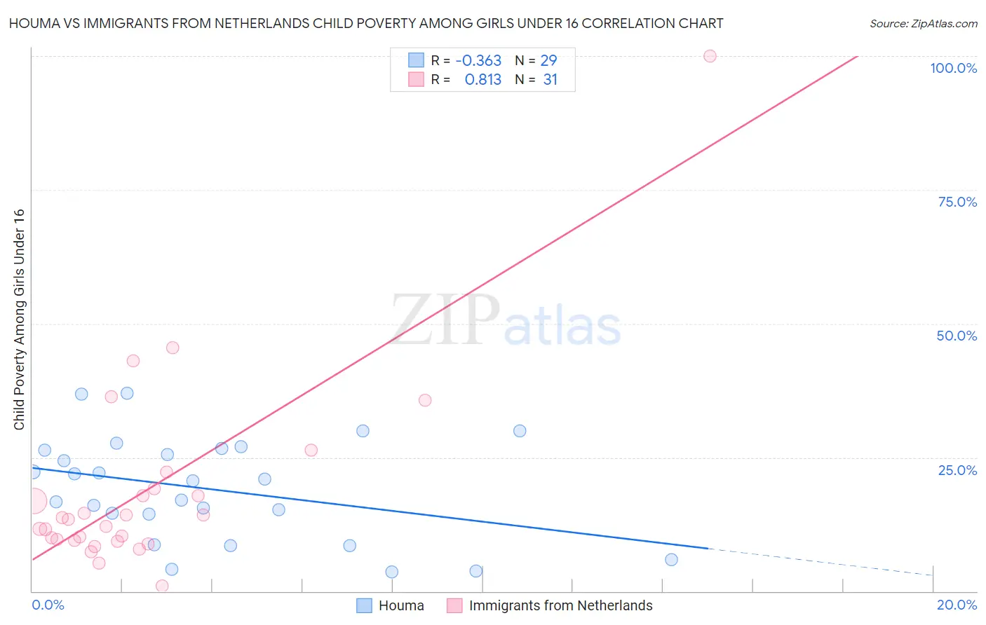 Houma vs Immigrants from Netherlands Child Poverty Among Girls Under 16
