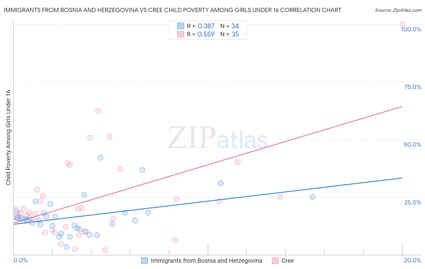 Immigrants from Bosnia and Herzegovina vs Cree Child Poverty Among Girls Under 16