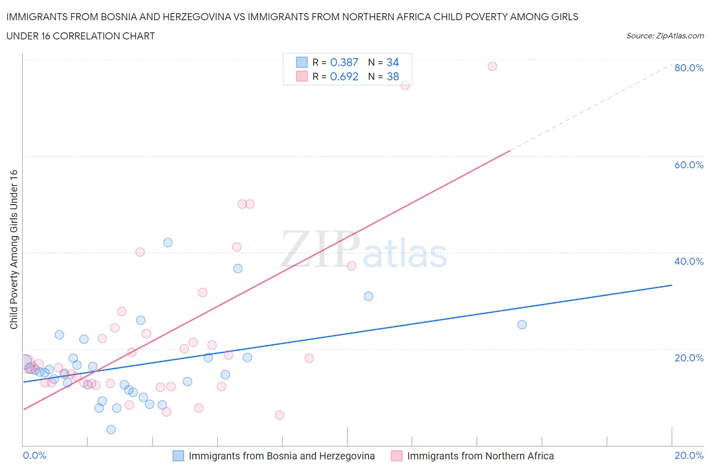 Immigrants from Bosnia and Herzegovina vs Immigrants from Northern Africa Child Poverty Among Girls Under 16