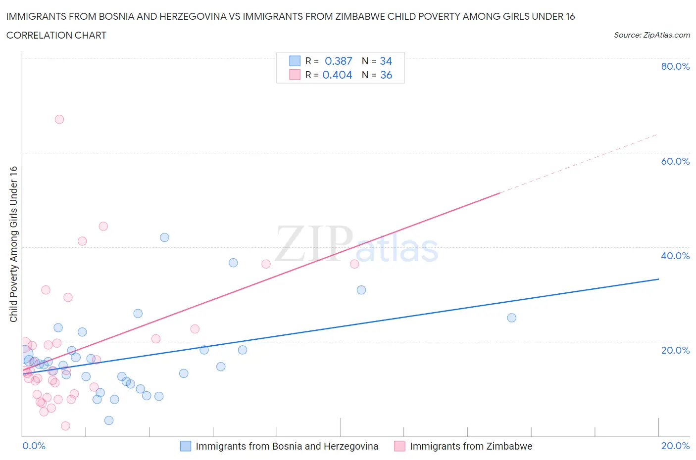 Immigrants from Bosnia and Herzegovina vs Immigrants from Zimbabwe Child Poverty Among Girls Under 16