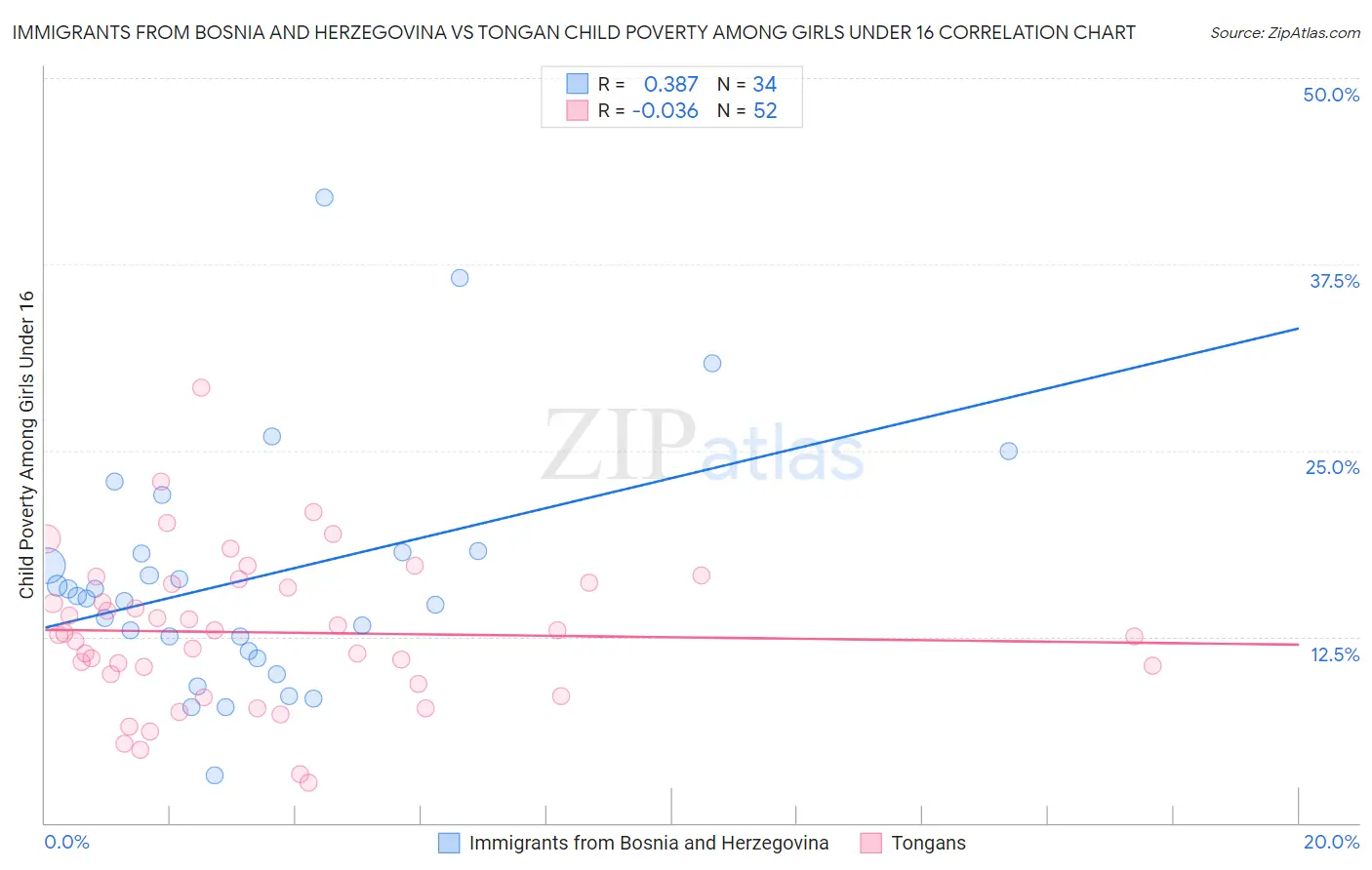 Immigrants from Bosnia and Herzegovina vs Tongan Child Poverty Among Girls Under 16