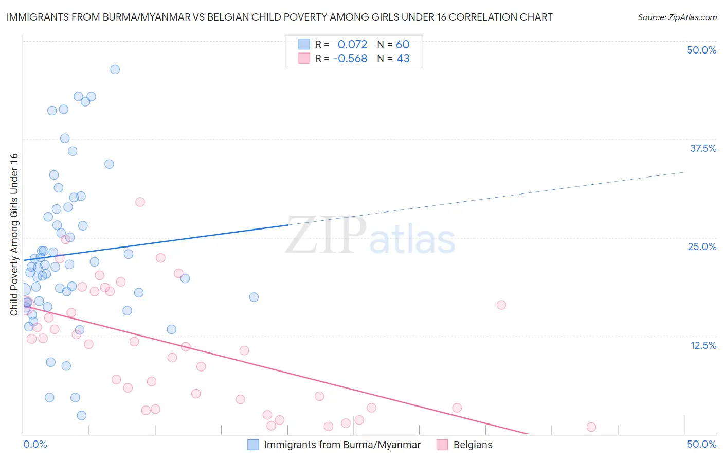 Immigrants from Burma/Myanmar vs Belgian Child Poverty Among Girls Under 16