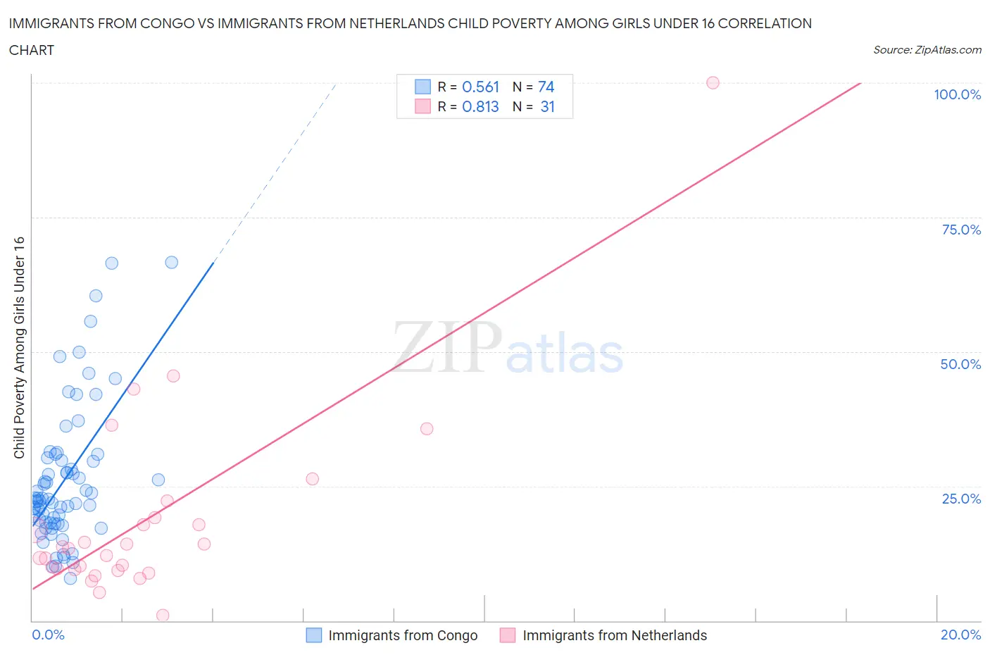 Immigrants from Congo vs Immigrants from Netherlands Child Poverty Among Girls Under 16