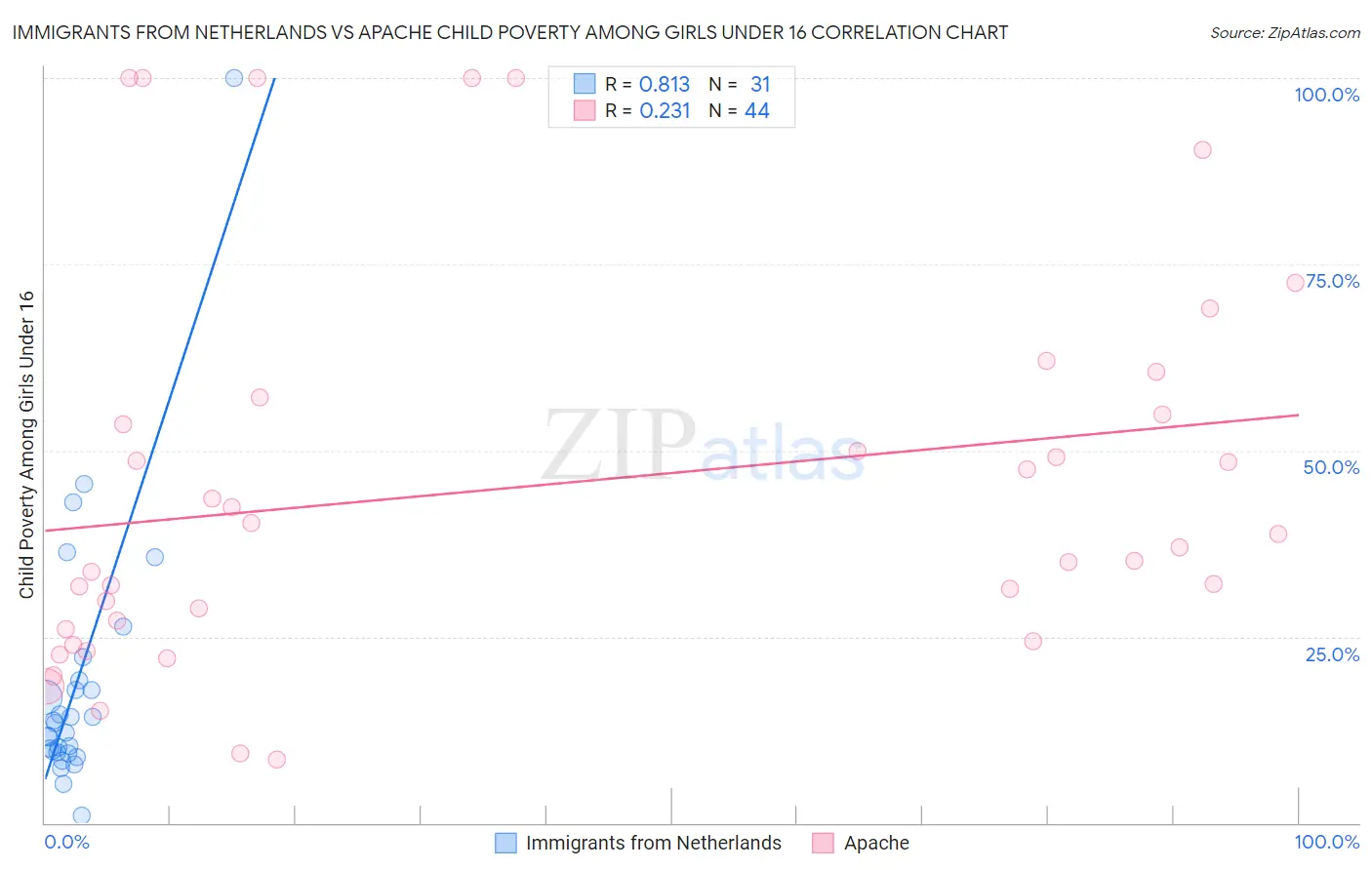 Immigrants from Netherlands vs Apache Child Poverty Among Girls Under 16