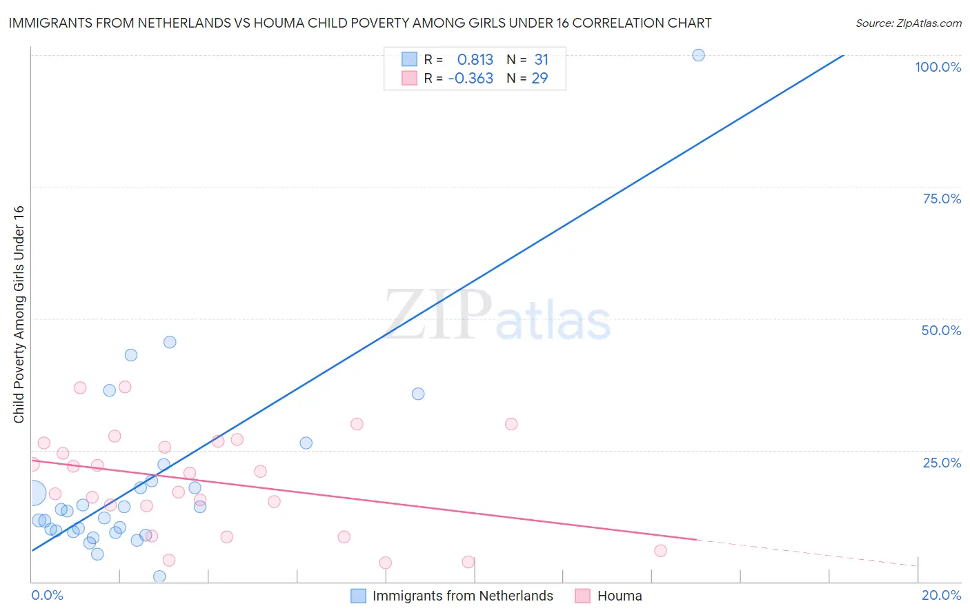 Immigrants from Netherlands vs Houma Child Poverty Among Girls Under 16