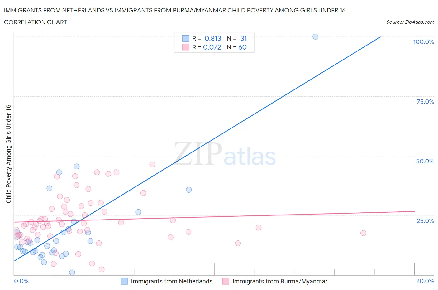 Immigrants from Netherlands vs Immigrants from Burma/Myanmar Child Poverty Among Girls Under 16
