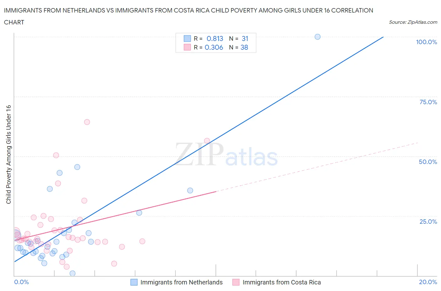 Immigrants from Netherlands vs Immigrants from Costa Rica Child Poverty Among Girls Under 16