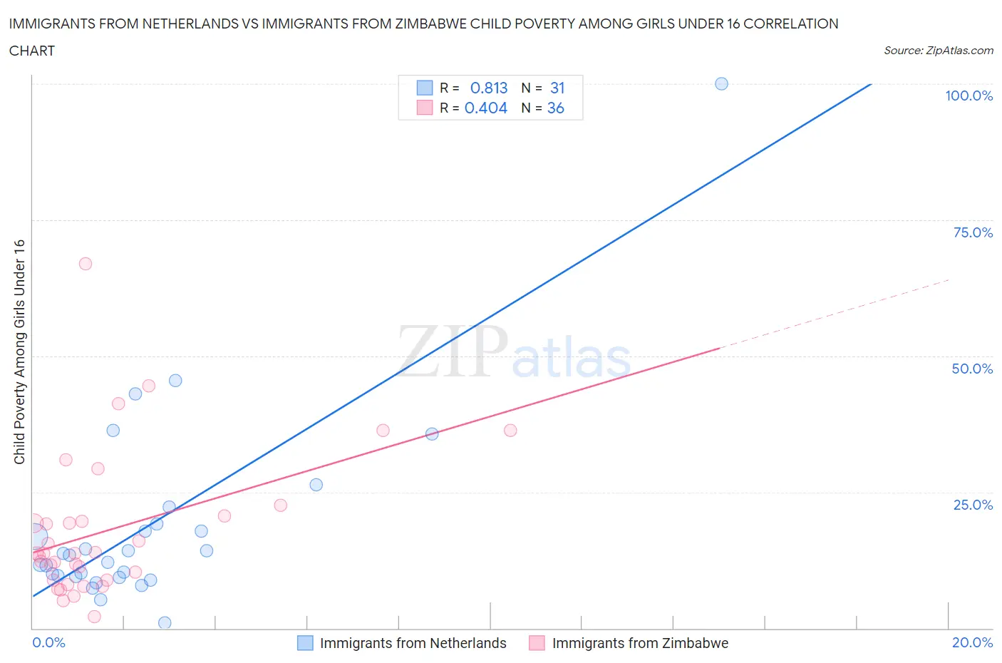 Immigrants from Netherlands vs Immigrants from Zimbabwe Child Poverty Among Girls Under 16