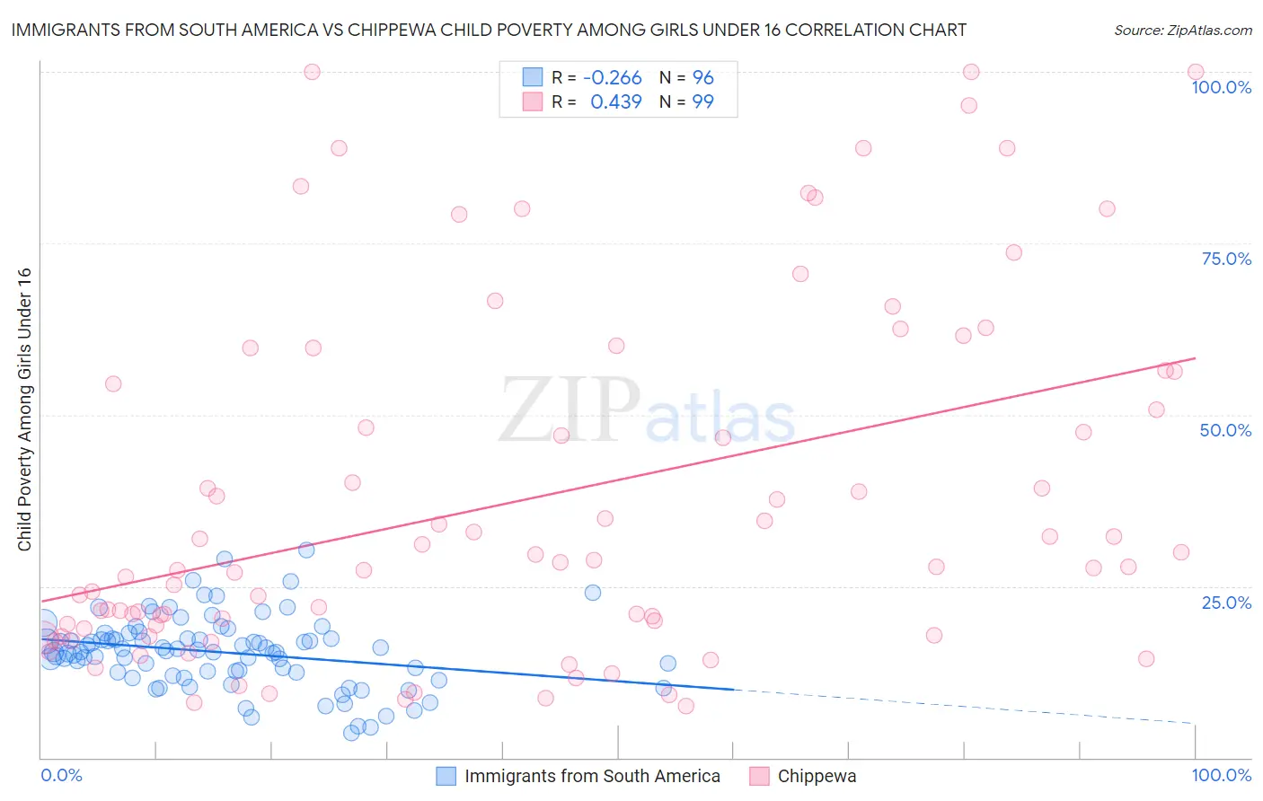 Immigrants from South America vs Chippewa Child Poverty Among Girls Under 16