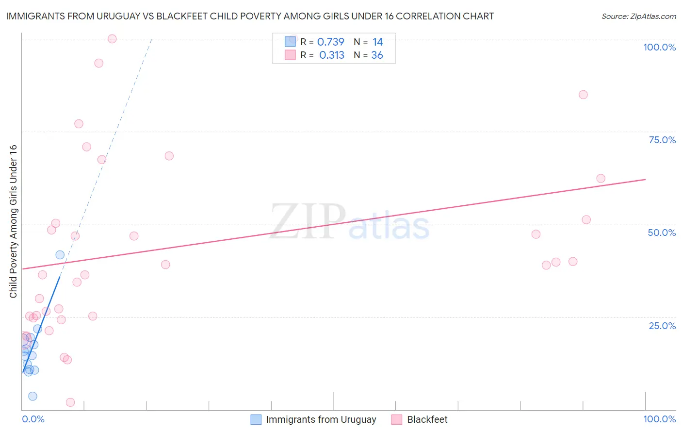 Immigrants from Uruguay vs Blackfeet Child Poverty Among Girls Under 16