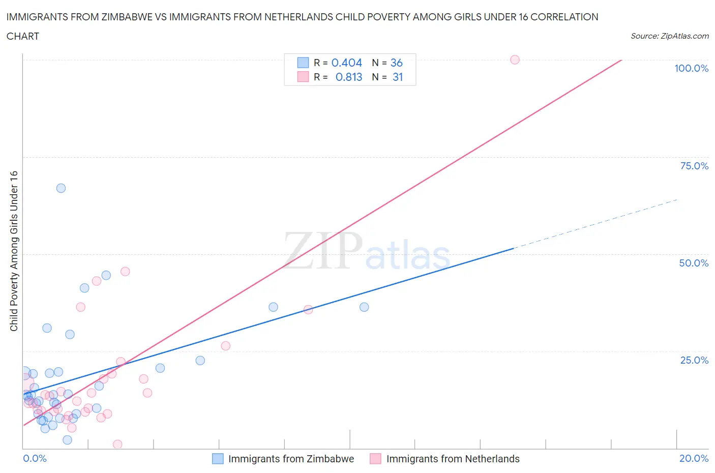 Immigrants from Zimbabwe vs Immigrants from Netherlands Child Poverty Among Girls Under 16