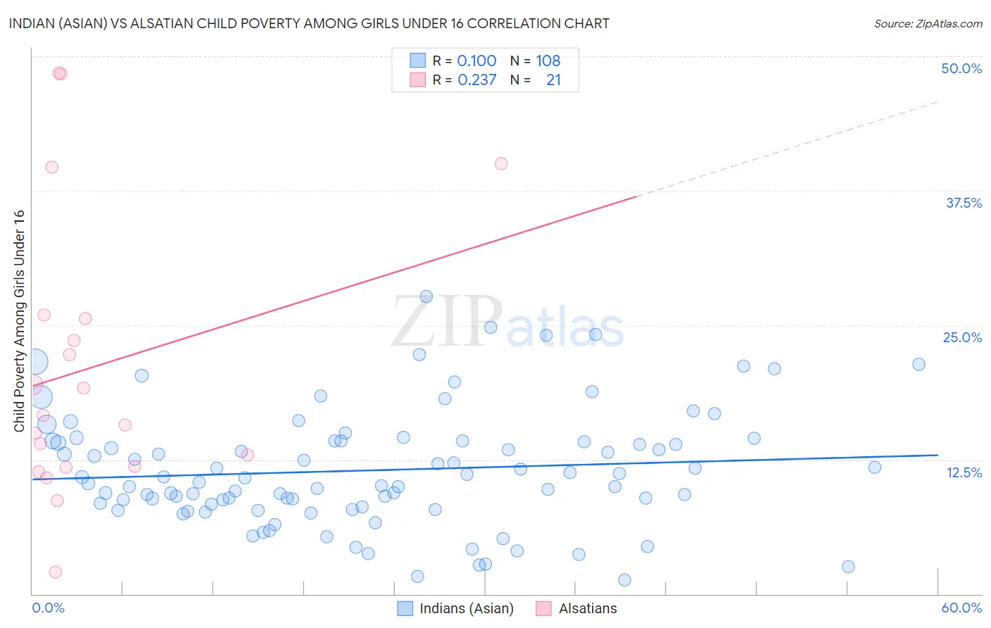 Indian (Asian) vs Alsatian Child Poverty Among Girls Under 16