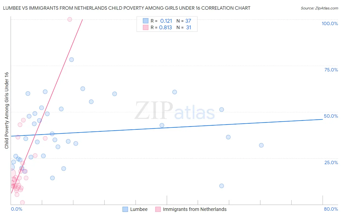 Lumbee vs Immigrants from Netherlands Child Poverty Among Girls Under 16