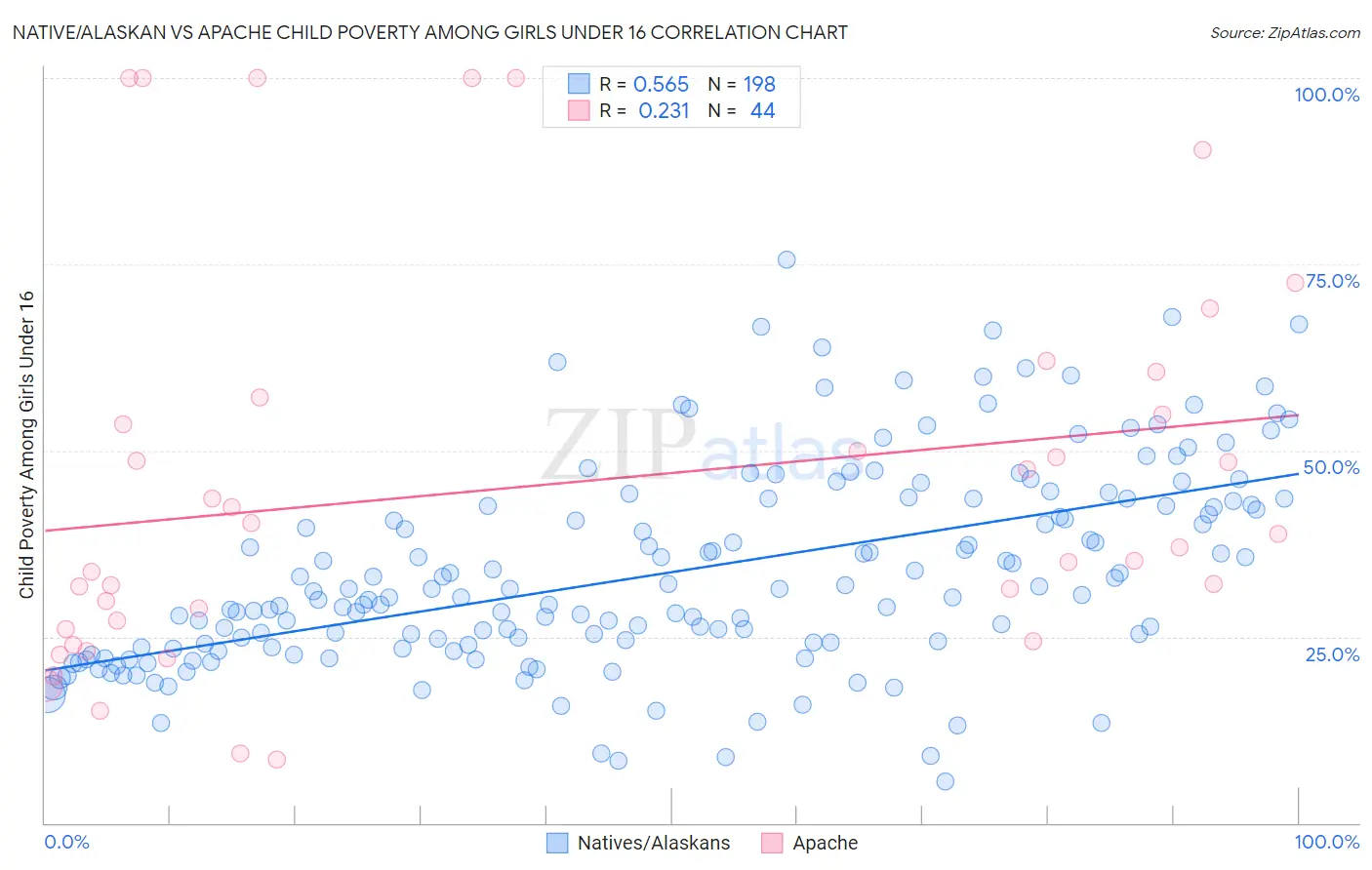 Native/Alaskan vs Apache Child Poverty Among Girls Under 16