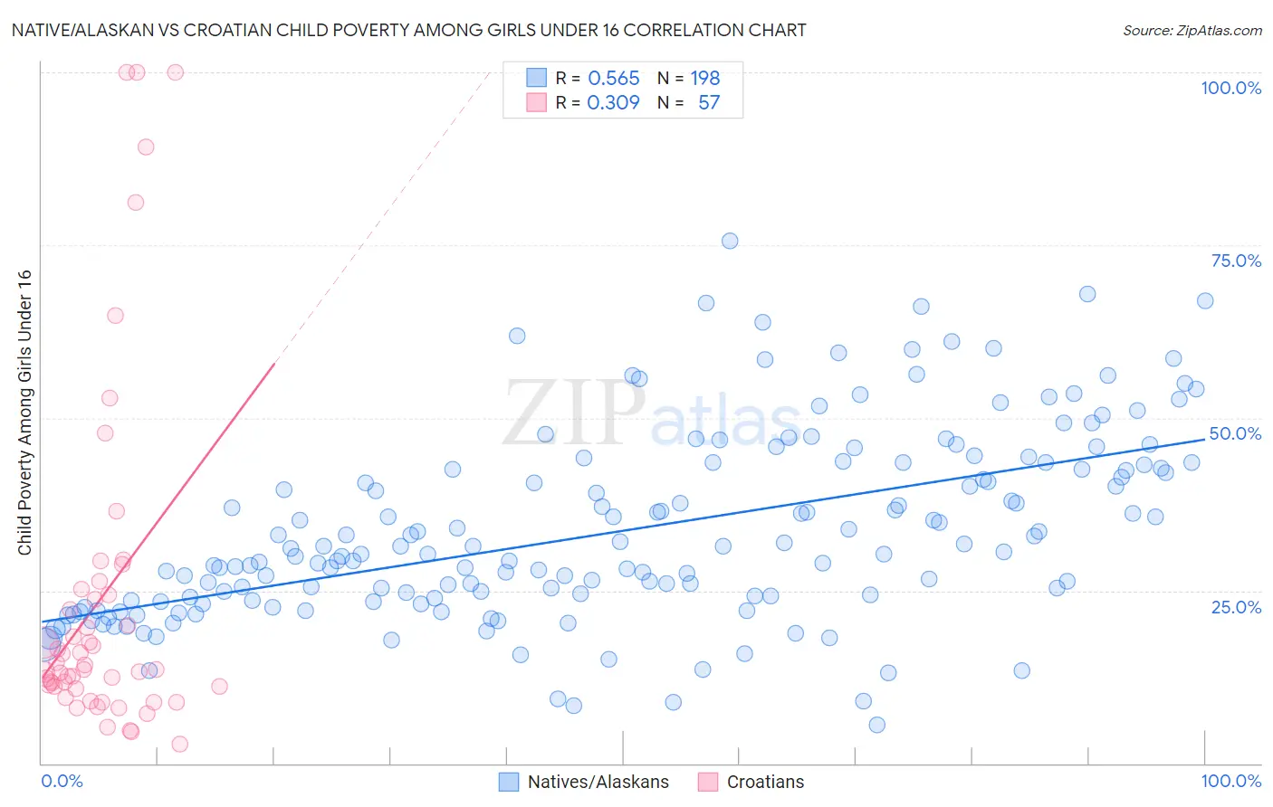 Native/Alaskan vs Croatian Child Poverty Among Girls Under 16