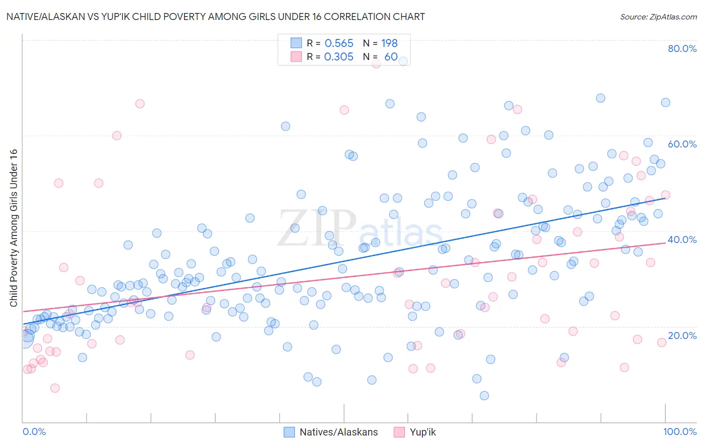 Native/Alaskan vs Yup'ik Child Poverty Among Girls Under 16